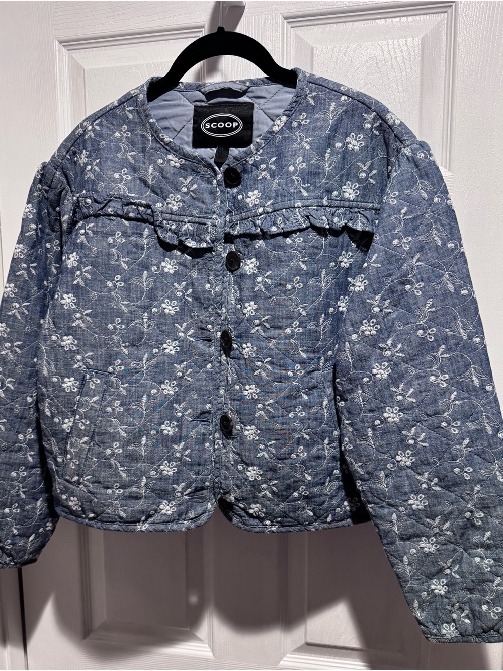 Scoop Quilted Chambray-Blue Floral Ruffle Jacket